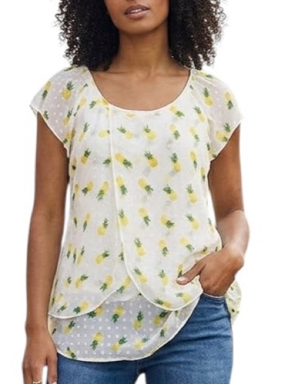 TAMARA H Ivory Pineapple Polka Dot Flutter Sleeve Blouse M